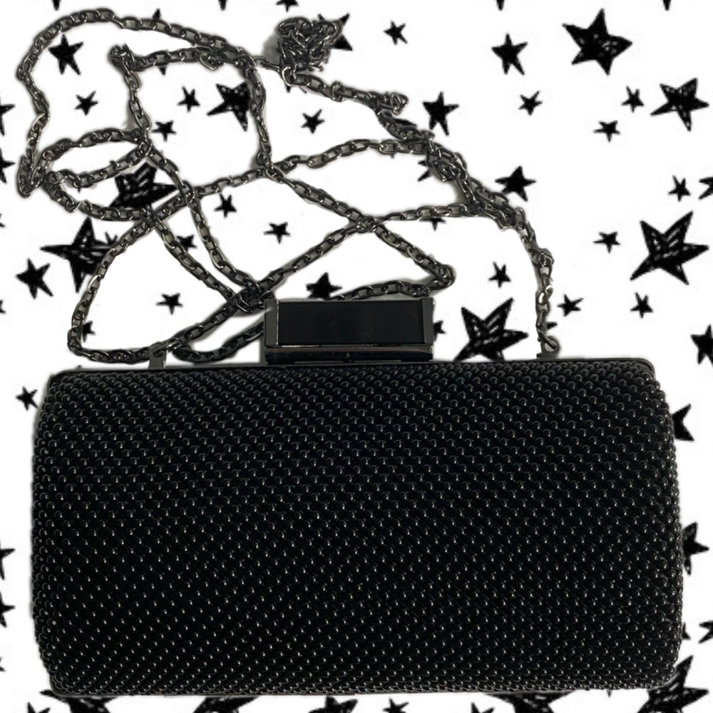 Elegant Jessica McClintock Beaded Black Clutch Bag w/ 26” Chain